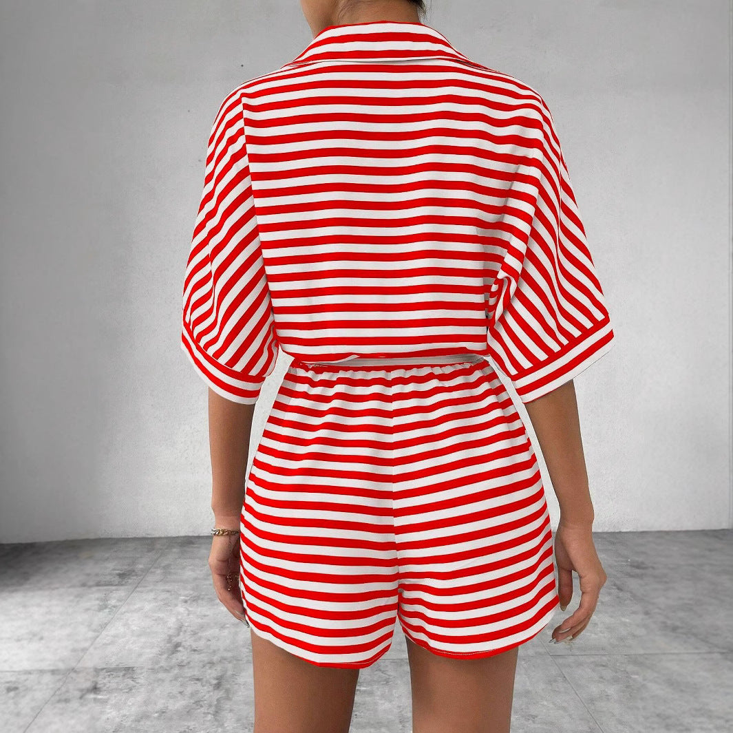 Striped Turn-Down Collar Button 1/2 Sleeve Sash Belted Women's Shorts Romper