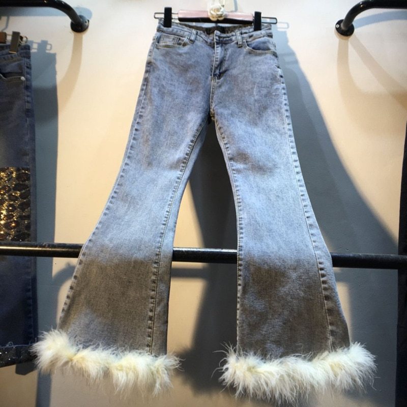 Real White Rabbit Fur Lined Hem Denim Women's Flare Leg Jeans