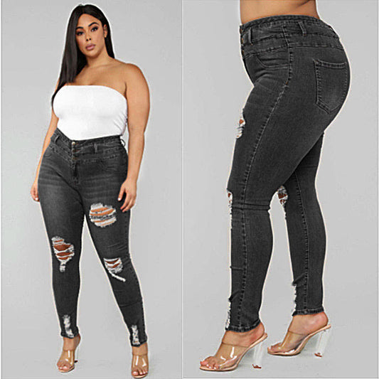 Denim Ripped Hole Pattern Women's Skinny Jeans to 5X Plus Size