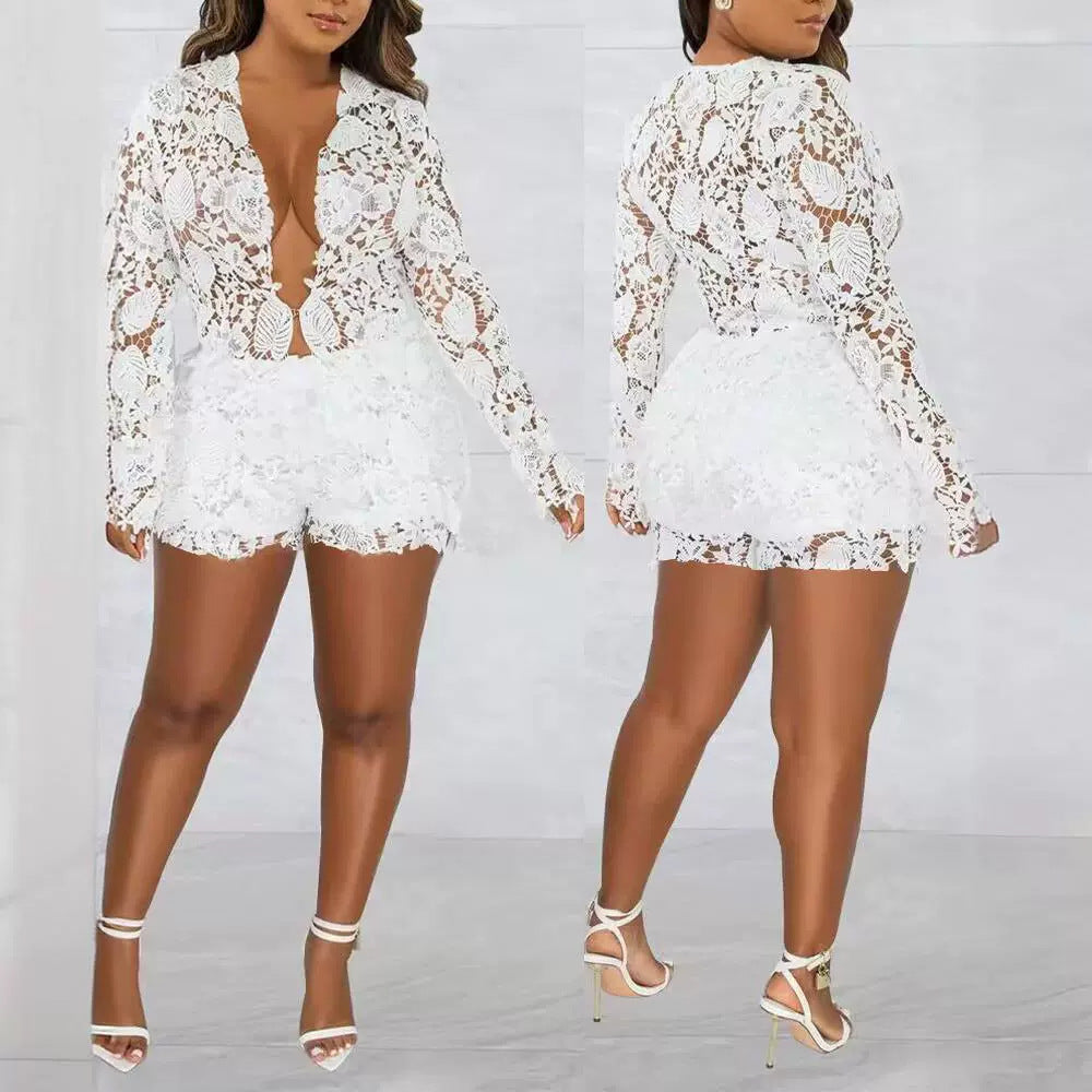 White Lace Transparent Hollow-Out Open Long Sleeve + Shorts Women's Formal 2-Piece Set