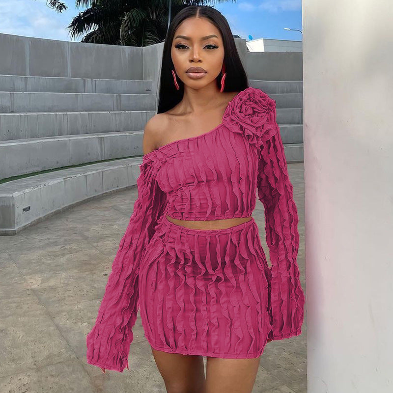 Hot Pink Flower Decor Women's Crop Top + Mini Skirt Solid Color  2-Piece Set