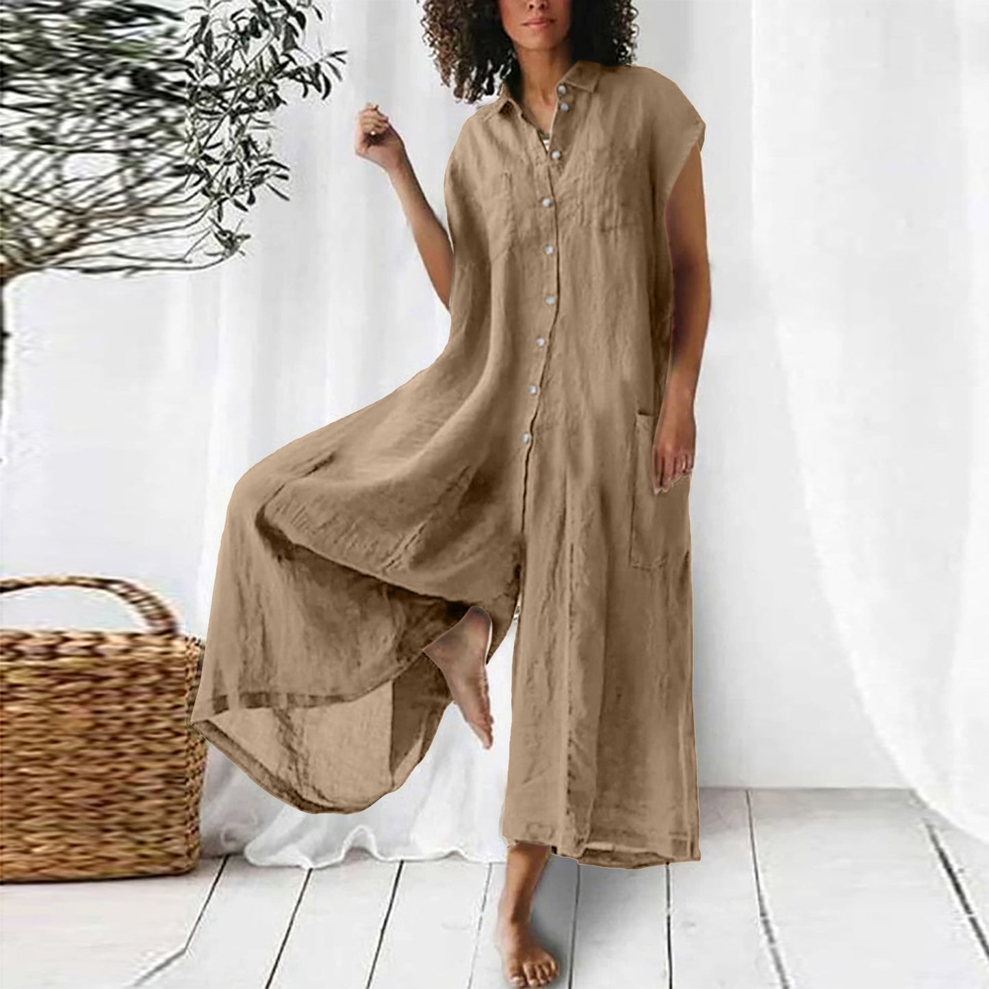 Button-Up Solid Color Short Sleeve Midi Length Women's Wide Leg Jumpsuit