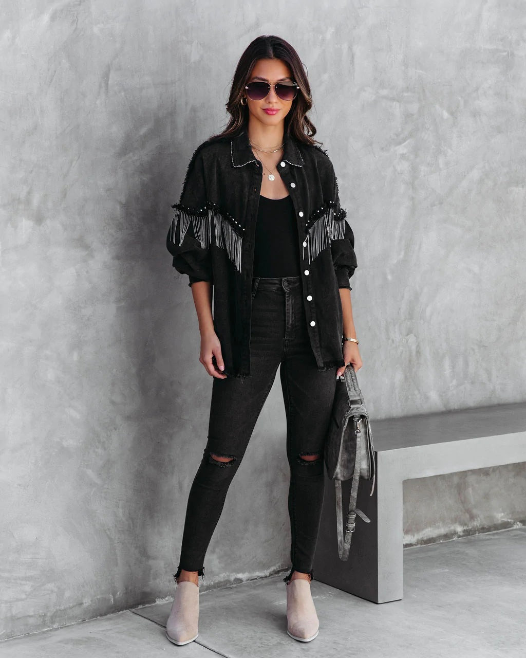Denim Western Tassel Fringe Chain Rivet Design Women's Button-Up Jean Jacket