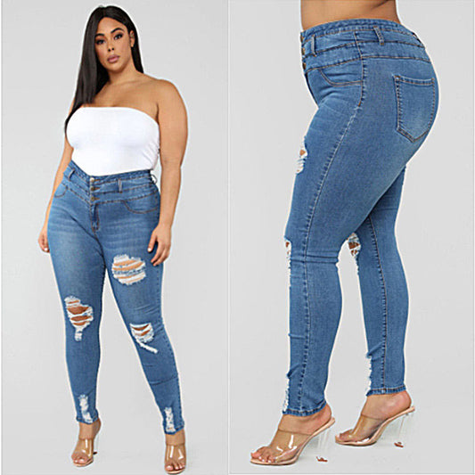 Denim Ripped Hole Pattern Women's Skinny Jeans to 5X Plus Size