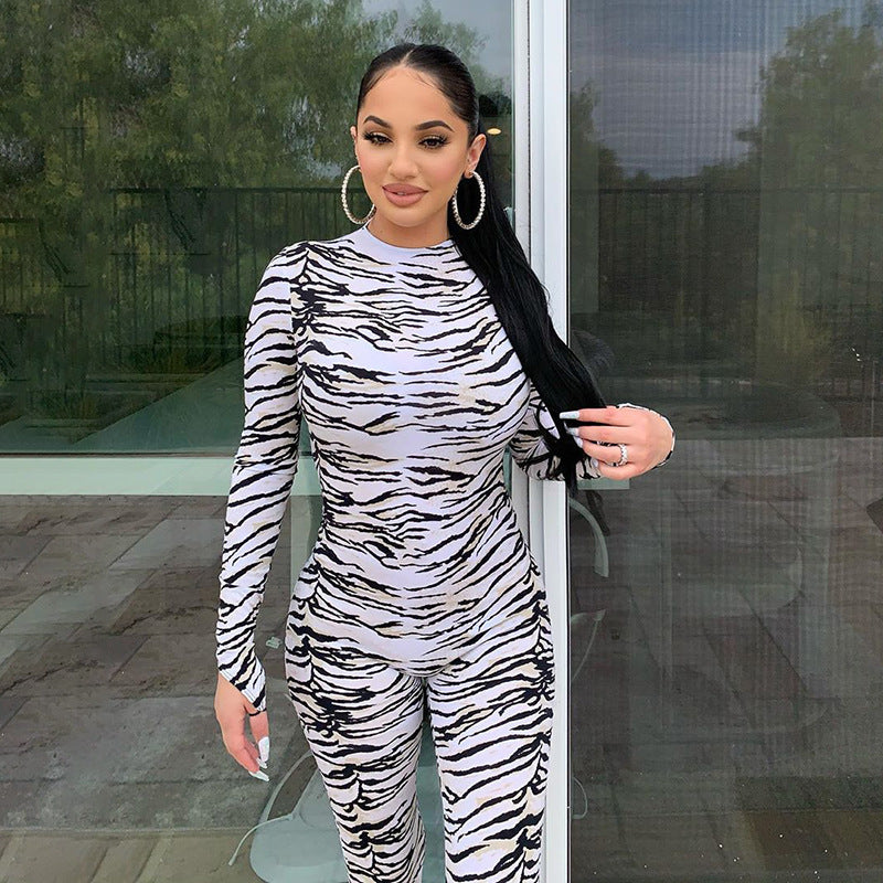 White/Black Zebra Striped Women's Skin Tight Long Sleeve Pants Jumpsuit