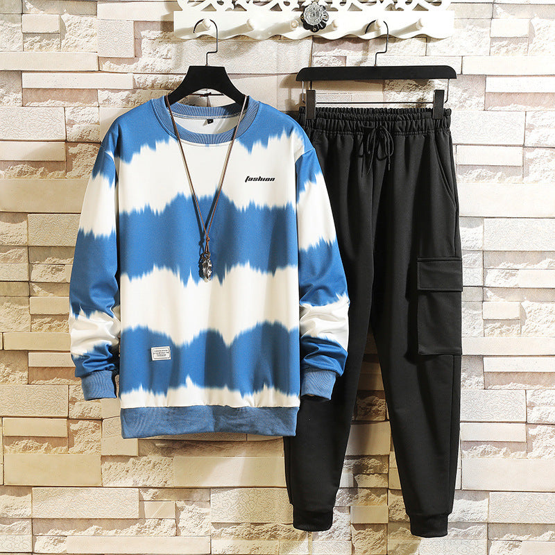 Men's Tie-Dye Striped Long Sleeve O-Neck Sweatshirt + Black Sweatpants Tracksuit to 5X Big & Tall