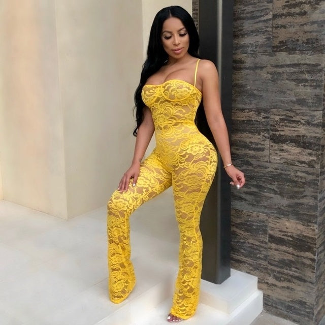 Lace Sheer Sleeveless Transparent Spaghetti Strap Women's Wide Leg Jumpsuit