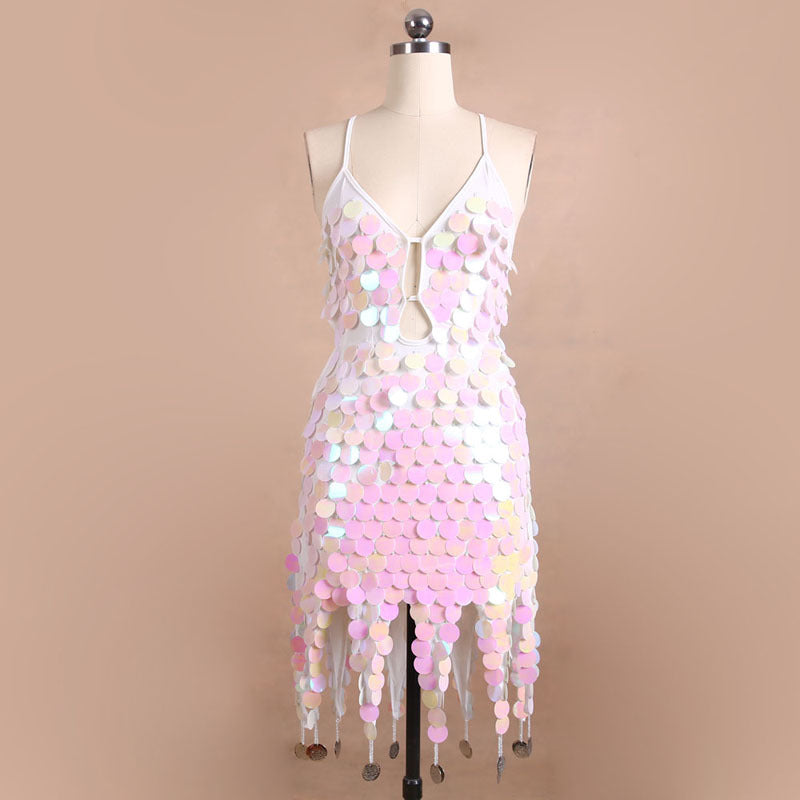 Sleeveless Metallic Sequin Hanging Tassel Design Spaghetti Strap Latin Salsa Dancer Formal Mini Dress