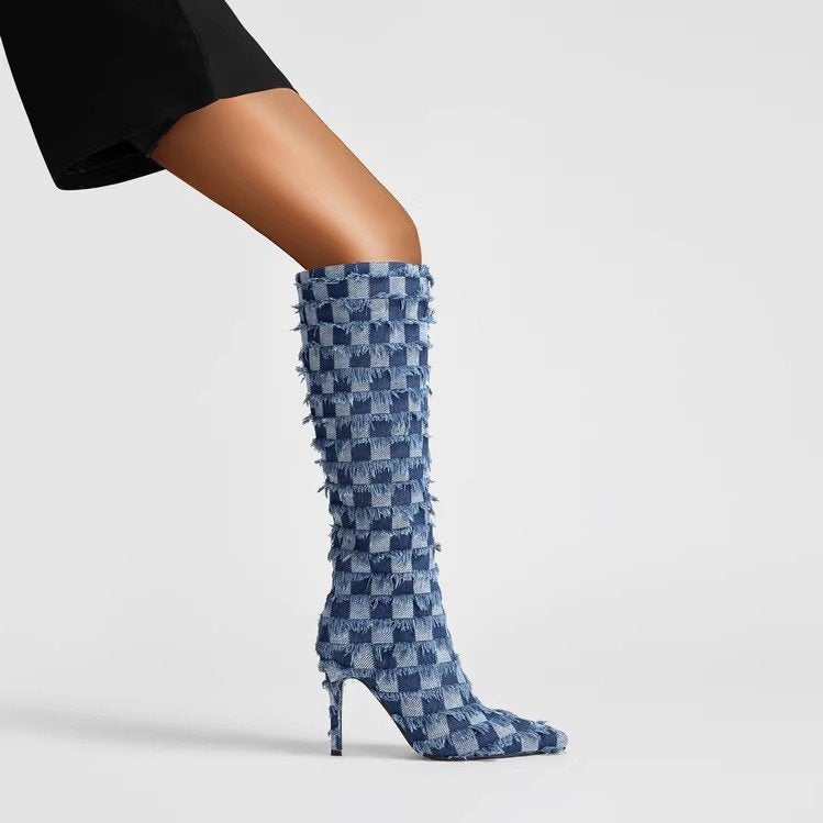 Denim Blue Colorblock Chessboard Plaid Print Ripped Fringe Design Women's Stiletto Heel Knee-High Jean Boots