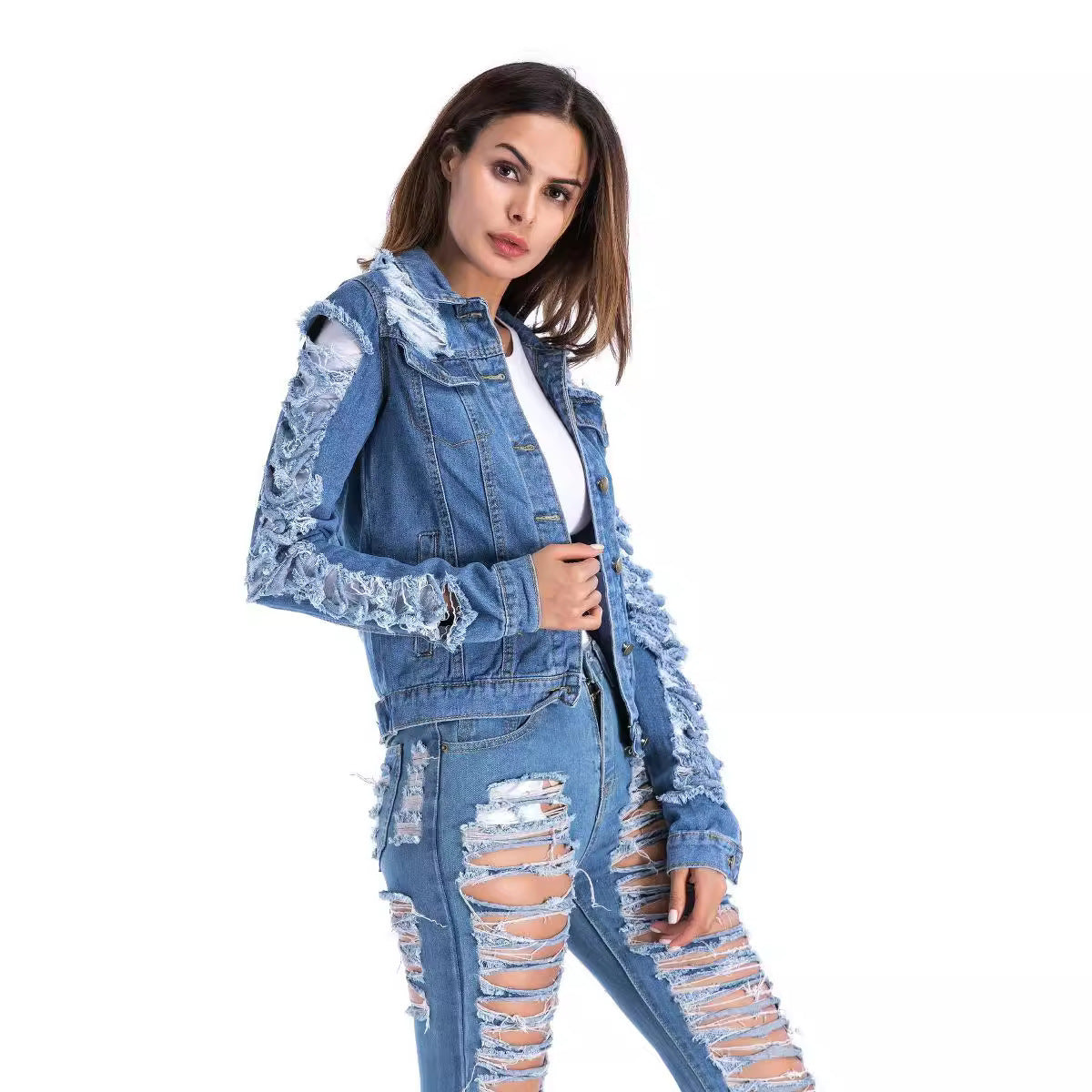Denim Ripped Fringe Design Women's Jean Jacket