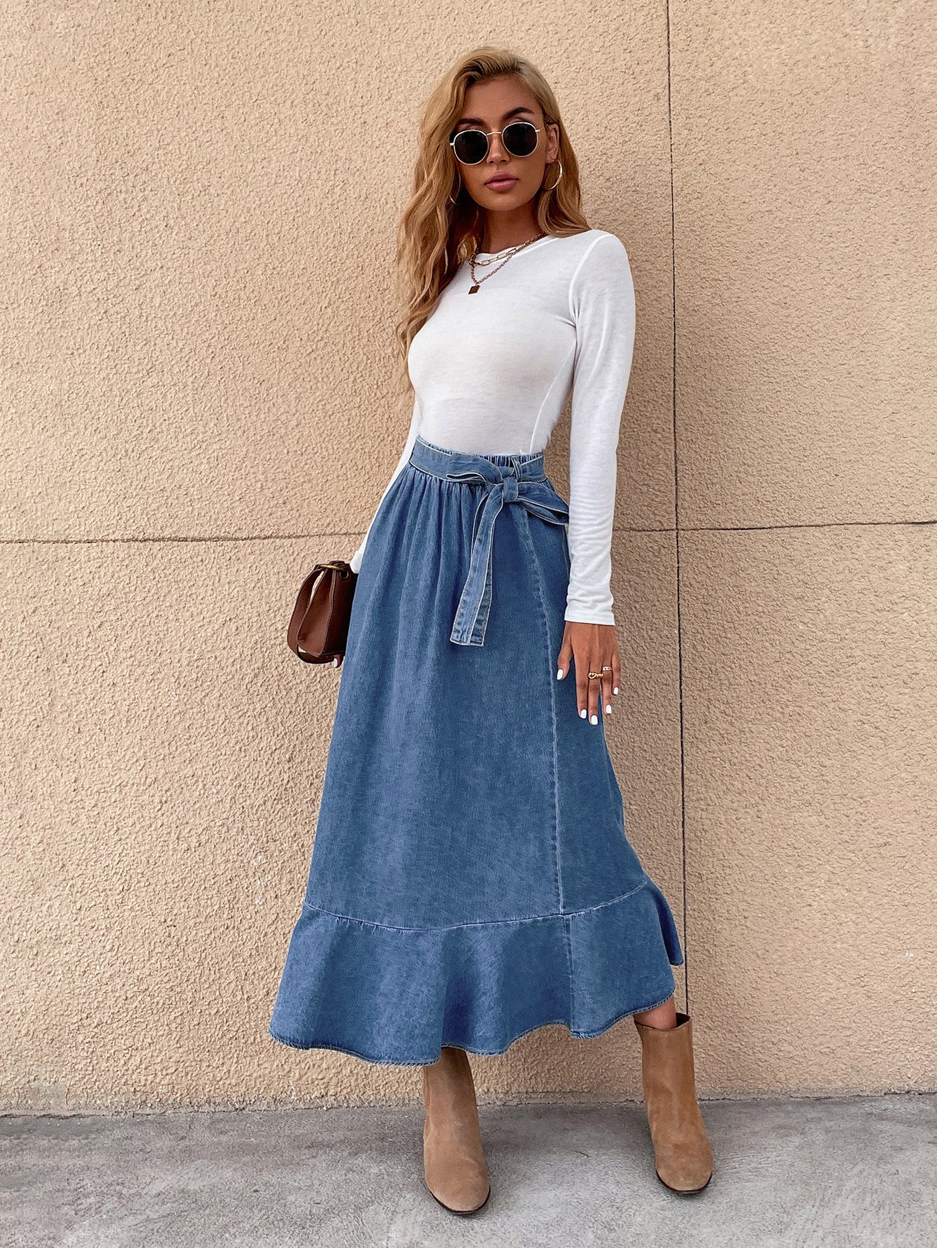 Denim Blue Bowknot Sash Belted Maxi Jean Skirt