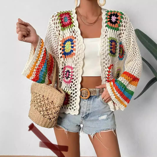 Crochet Handmade Plaid Rainbow Design Women's Cardigan Sweater