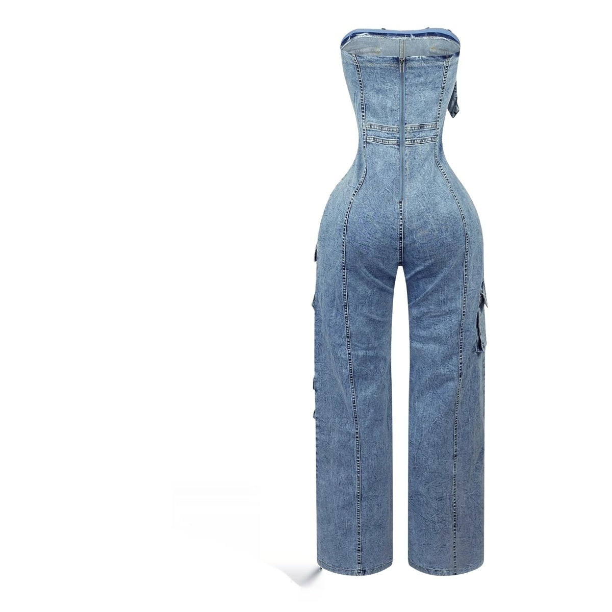 Denim Sleeveless Faded Blue Tube Top Design Multi-Pocketed Stretch Women's Overall Cargo Jeans Jumpsuit to 3X Plus Size