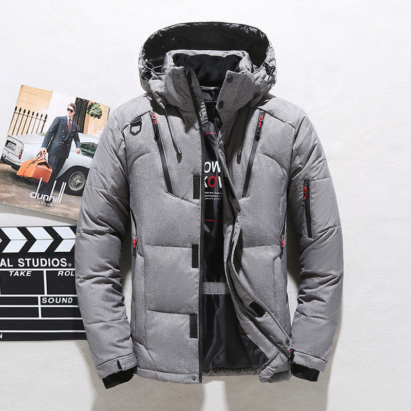Padded Men's Zipper Patchwork Drawstring Design Detachable Hooded Goose Down Puffer Jacket
