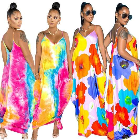 Pastel Big Flower Print Pocketed Loose Spaghetti Strap Harem Maxi Dress