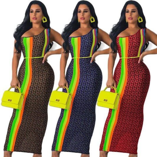 Geometric Asymmetrical One Shoulder Neon Side Striped Print Maxi Dress