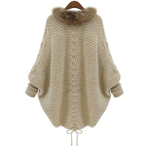 Faux Fur Collar Batwing Sleeve Cloak Shawl Women's Sweater