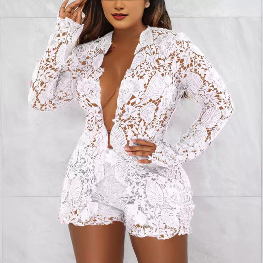 White Lace Transparent Hollow-Out Open Long Sleeve + Shorts Women's Formal 2-Piece Set