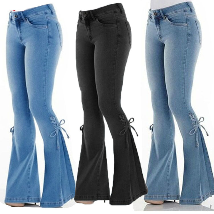 Denim Bowknot Detail Stretch Women's Flared Leg BellBottom Jeans