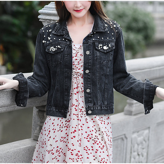 Denim Beaded Pearl Embellished Women's Button-Up Jean Jacket to 5X Plus Size