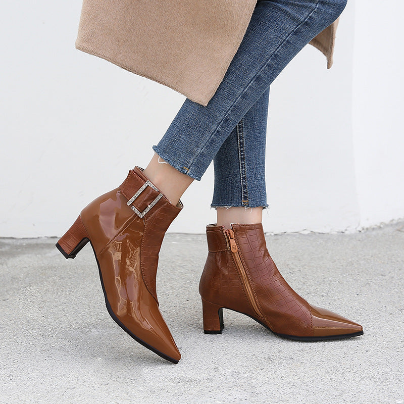 Buckle Design Croc Pattern Patent Leather Solid Color Women's Ankle Boots