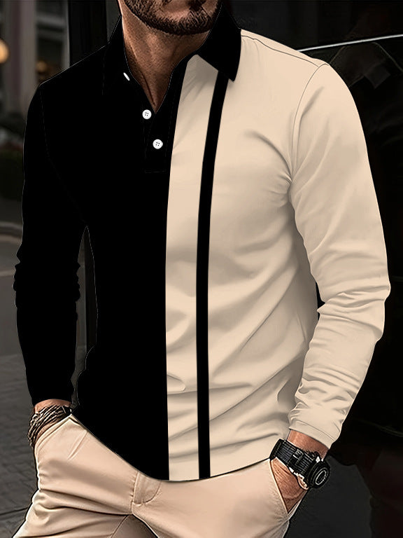 Men's Striped Colorblock Quarter Button-Up Long Sleeve Pullover Shirt