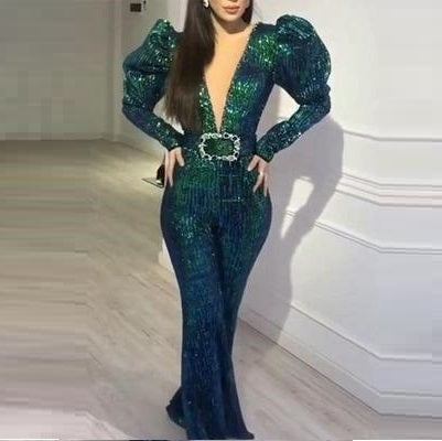 Satin Sparkling Sequin Lace Colorblock Balloon Sleeve Deep V-Neck Jumpsuit w/ Belt