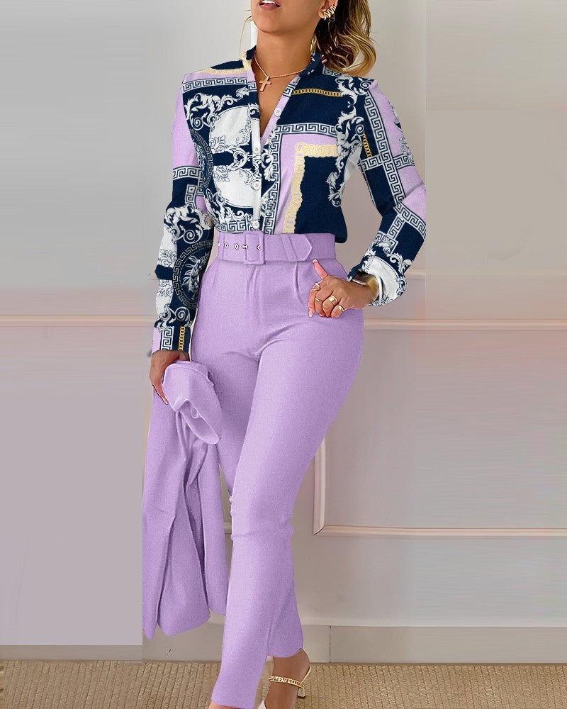 Floral/Geometric/Baroque/Colorblock Gradient Print Long Sleeve Blouse + Solid Color Pants w/ Belt 2-Piece Office Attire Set