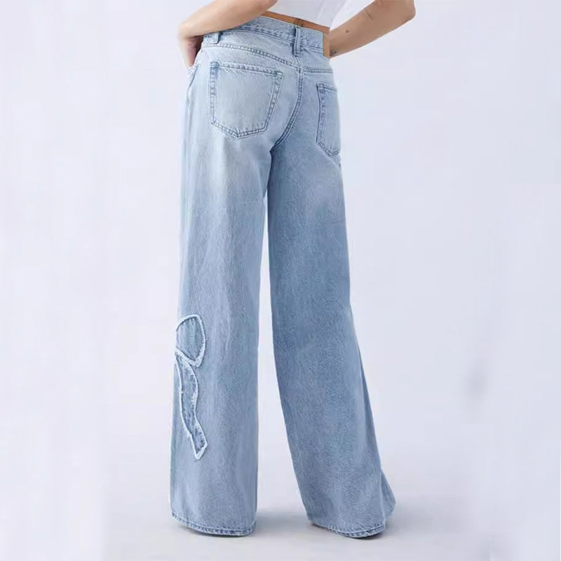 Denim Faded Butterfly Embroidered Women's Side Frayed Street Design Baggy Jeans