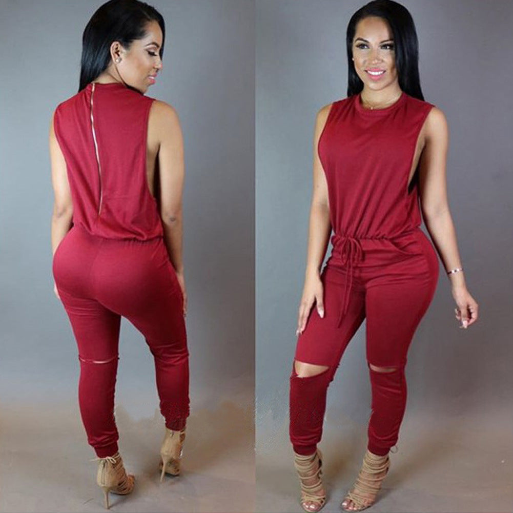 Ripped Knee O-Neck Sleeveless Women's Zipper Back Solid Color Drawstring Skinny Jumpsuit