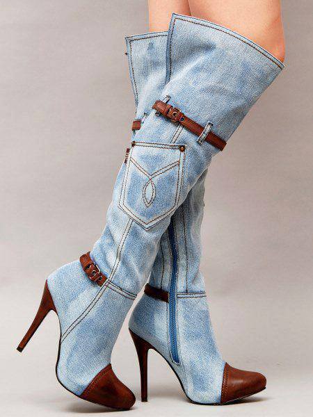 Denim Stitched High Heel Knee-High Women's Jean Boots