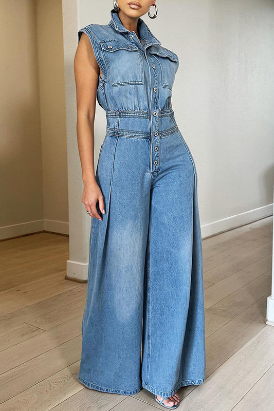 Denim Blue Washed Sleeveless Turn-Down Collar Wide Leg Women's Jeans Jumpsuit