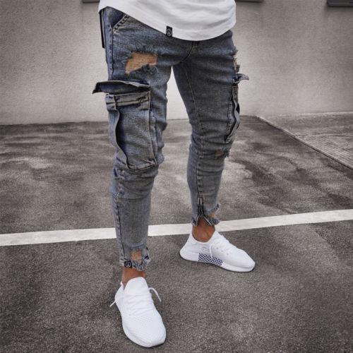 Men's Denim Ripped Hole Pattern Cargo Pocketed Skinny Jeans