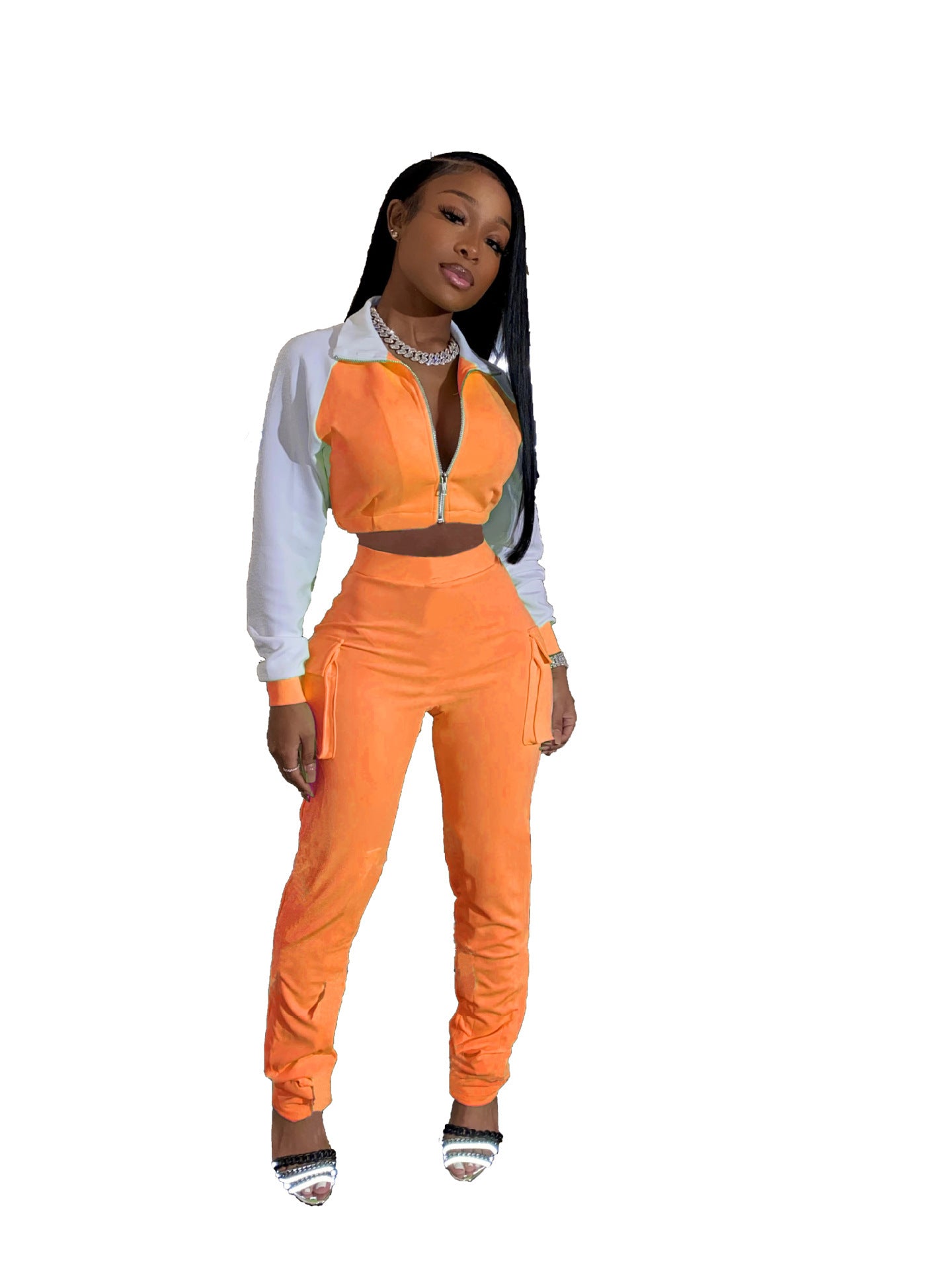 Colorblock Turn-Down Collar Cropped Sports Zipper Jacket + Cargo Pocketed Sweatpants Women's Tracksuit