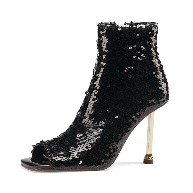 Sequined Metallic FishMouth Zipper Gold Metal Stiletto Heel Women's Ankle Boots