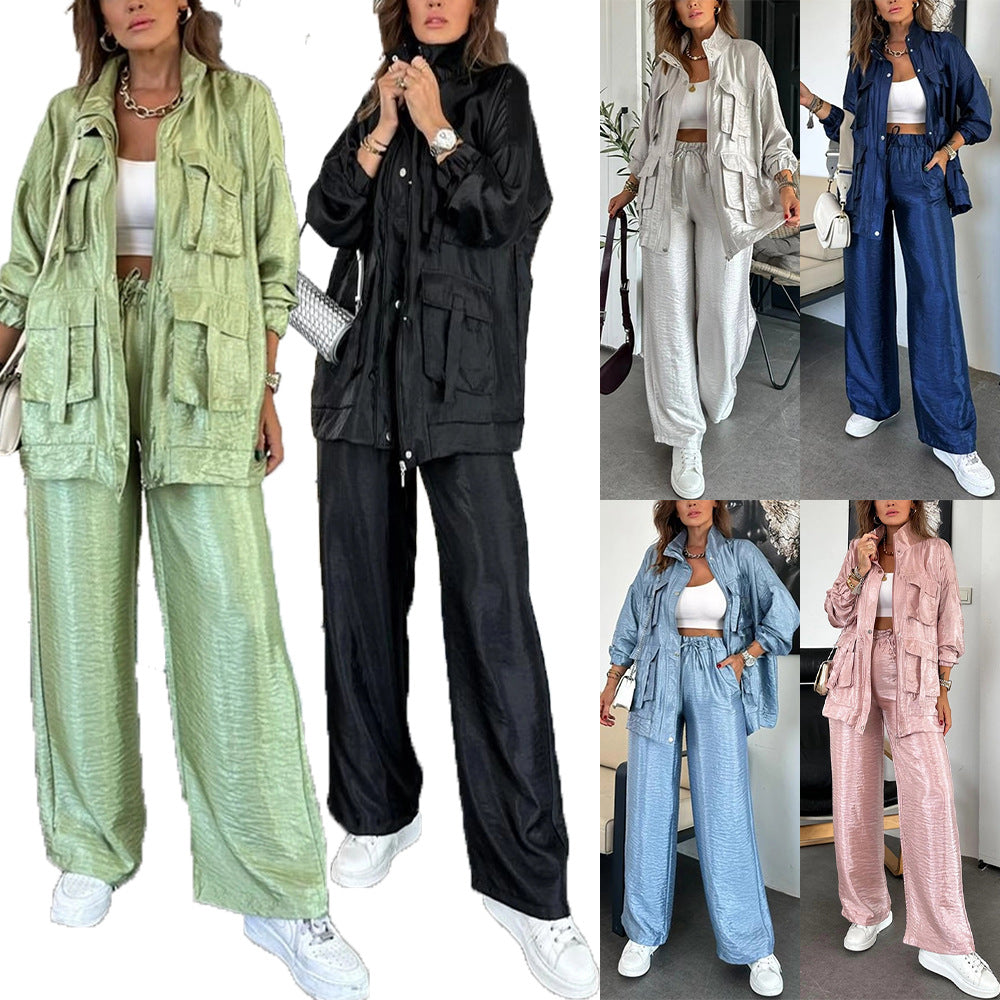 Cargo Multi-Pocketed Women's Button-Up Streetwear Jacket + Drawstring Pants Solid Color 2-Piece Set