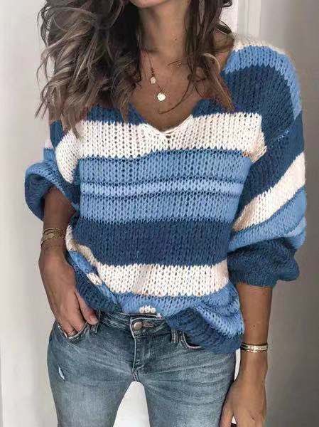 Striped Colorblock Women's V-Neck Long Sleeve Sweaters to 3X Plus Size