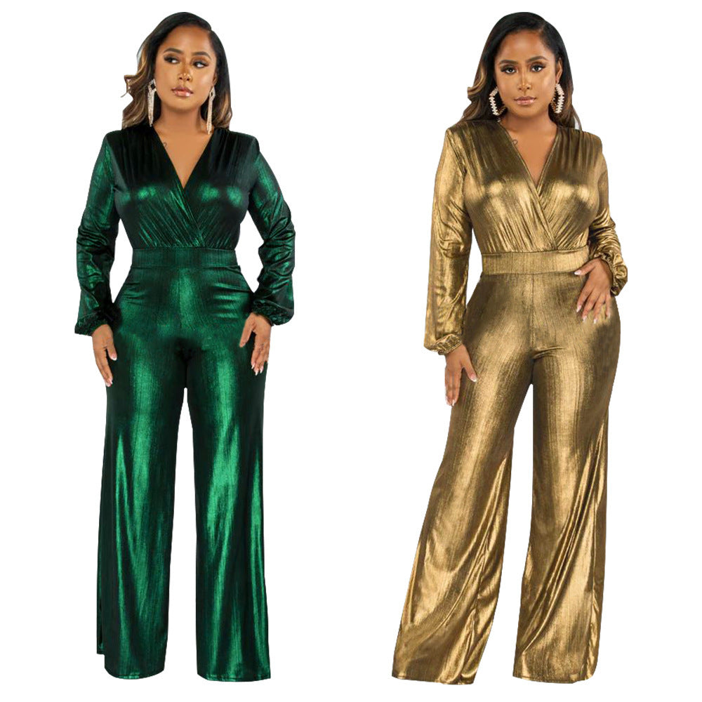 Faux Leather Shiny Ruched Metallic V-Neck Long Lantern Sleeve Women's Formal Jumpsuit