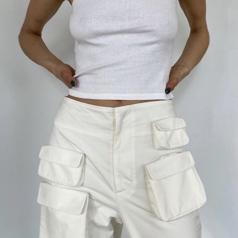 White/Black Hip-Hop Streetwear Multi-Pocketed Women's High Waist Cargo Pants