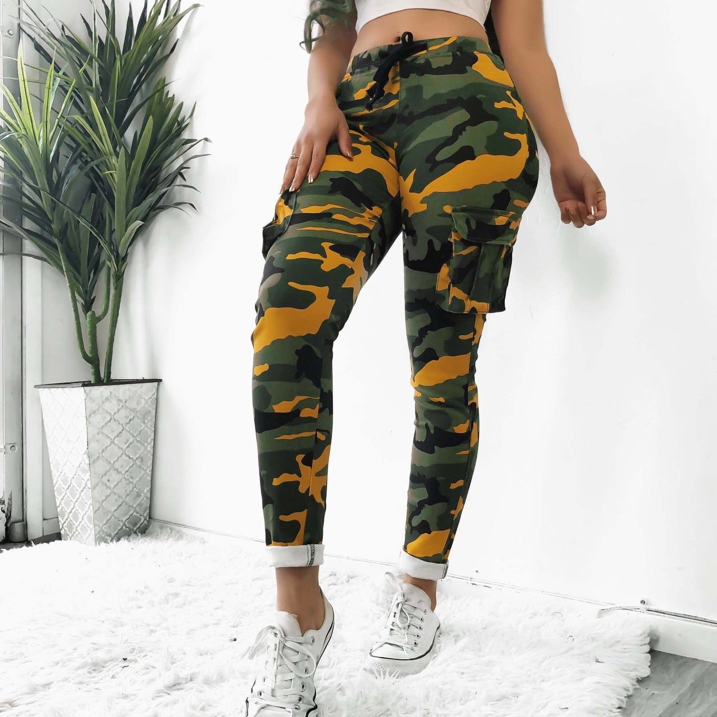 Camoflauge Cargo Multi-Pocketed Drawstring Elastic Waist Women's Trouser Pants