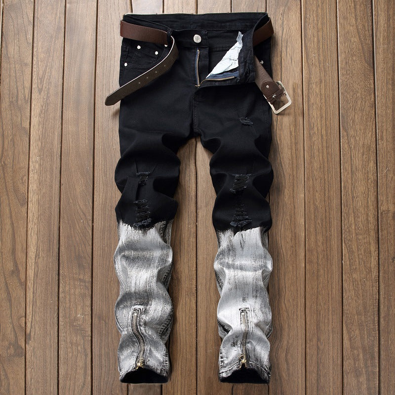 Men's Denim Colorblock 2-Tone Reverse Leg Zipper Design Ruched Skinny  Jeans