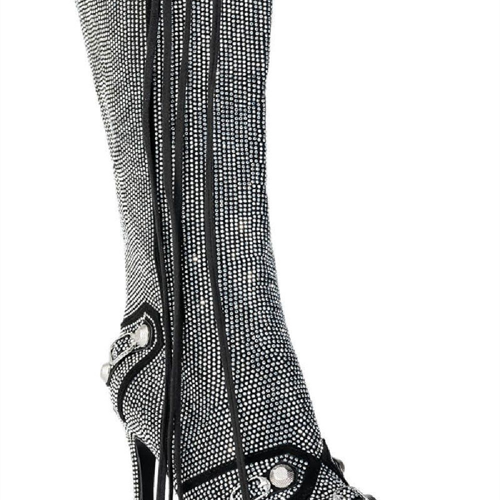 Rhinestone Needle Buckle Oversized Women's Knee High Zipper Boots