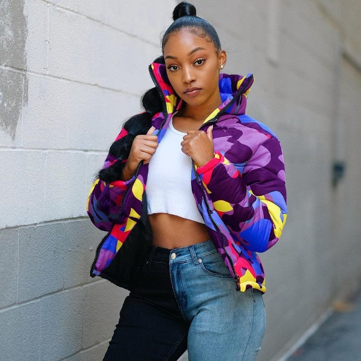 Camoflauge Print Stand Collar Streetwear Unisex Zipper Bomber Puffer Jacket