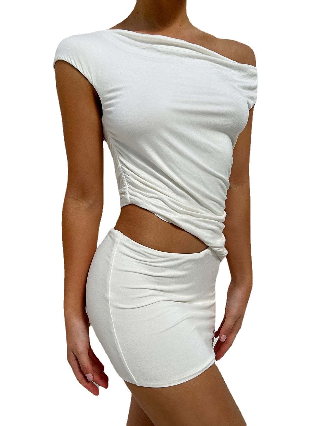 Sleeveless White Hollow-Out Irregular V-Neck Ruched Solid Color Mini Dress