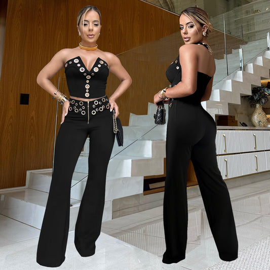 Eyelet Metal Buckle Design Sleeveless Tube Top + Zipper Front Trouser Pants Women's 2-Piece Set