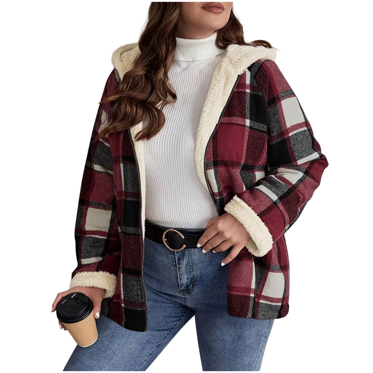 Plaid Print Fleece Lined Thick Women's Hoodie Jacket