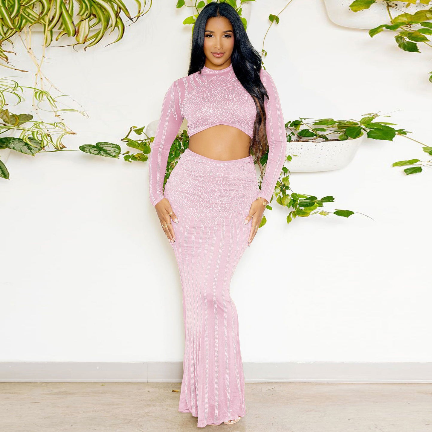 Rhinestone Metallic Sparkling Glitter Long Sleeve Crop Top + Striped Fishtail Maxi Skirt Formal 2-Piece Set to 3X Plus Size