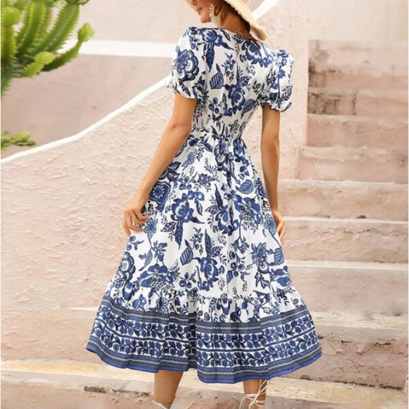 Floral Print Short Puff Sleeve V-Neck Bohemian Flowy Smocked Maxi Dress