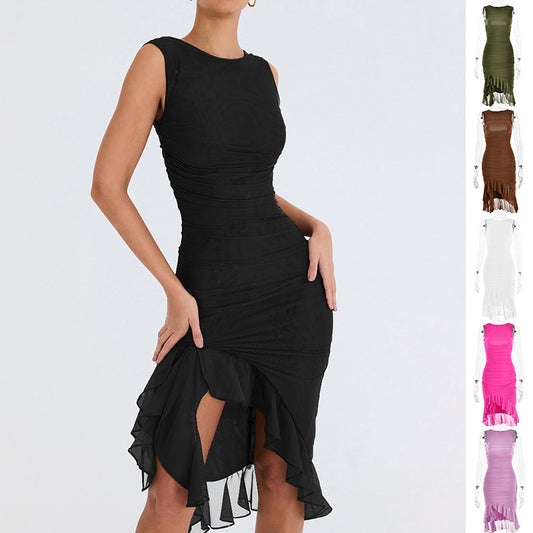 Lace Ruffled Hem Solid Color Skinny Sleeveless Formal Party/Club Dress