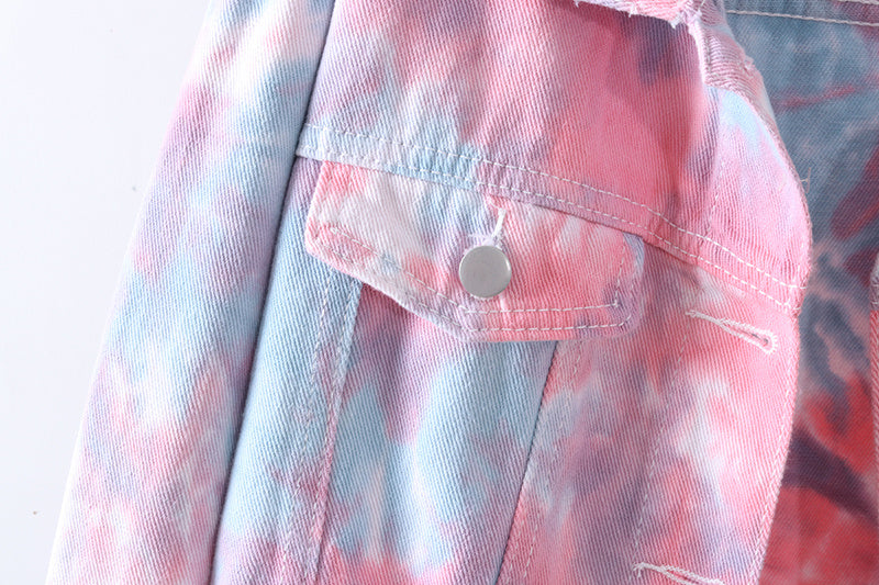 Tie-Dye Pink/Baby Blue Denim Short Women's Crop Jean Jacket